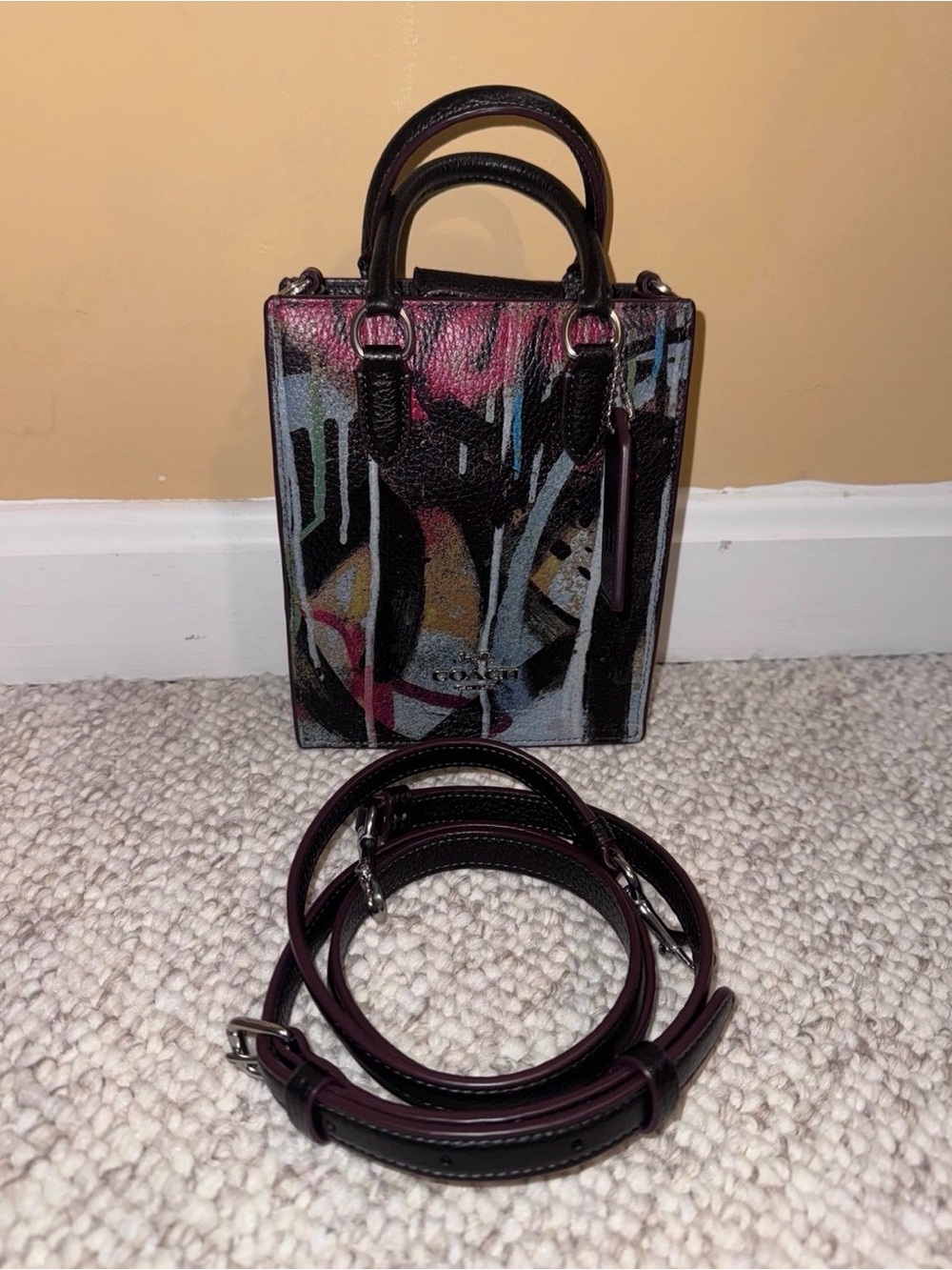 COACH- X mint + serf Mini Tote w Graffiti Style Print pebble leather